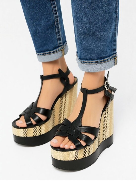 Lauren Ralph Lauren Shoes - Lauren Ralph Lauren Black Leather Tweed Wedge Platform Sandals Sz 8.5